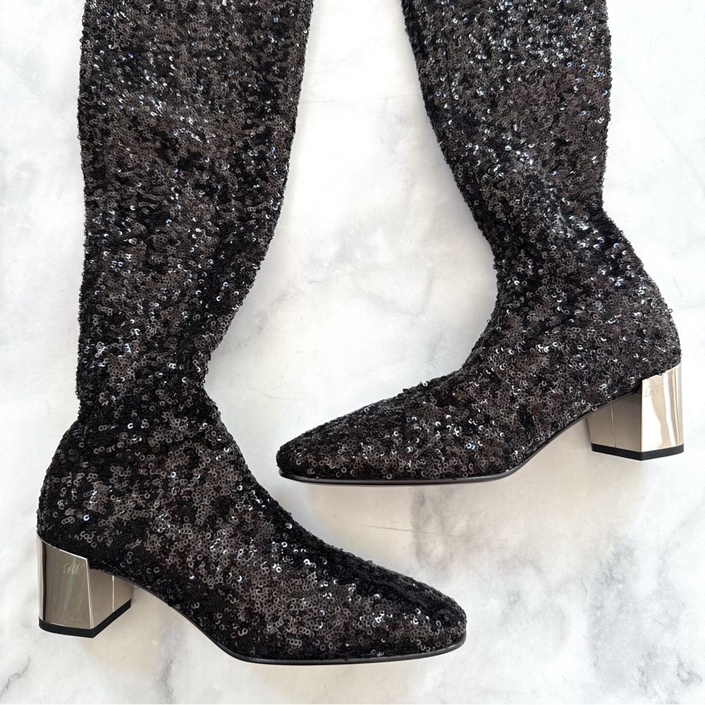 NEW Roger Vivier Sequin OTK Over the Knee Low Block Heel Sock Boots Black 35